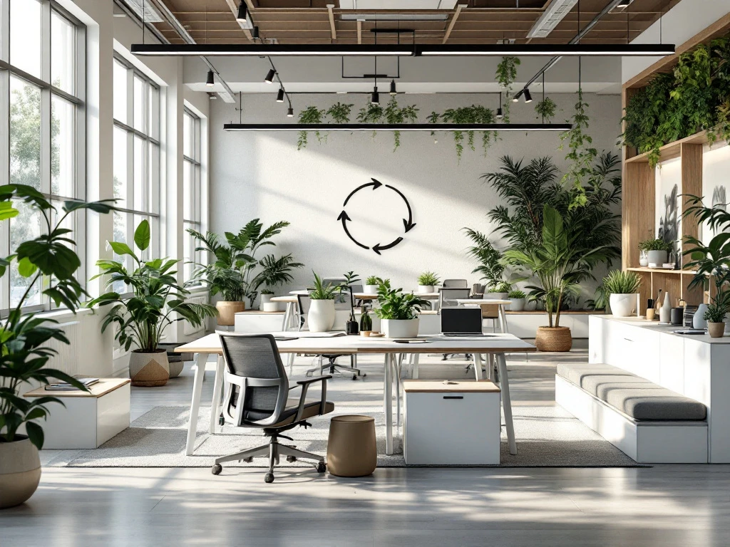 Moderne kantoorruimte met modulaire meubels, duurzame materialen, groene wanden en natuurlijk licht via grote ramen