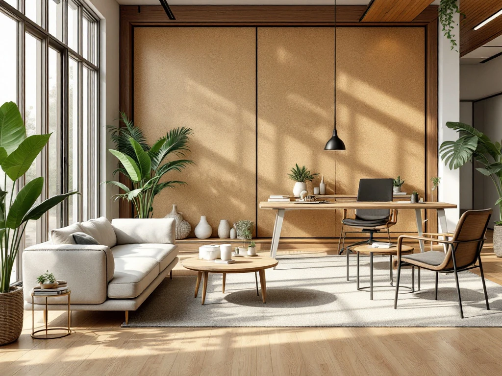 Moderne kantoorruimte met duurzame materialen, natuurlijk hout, gerecyclede metalen frames en bamboe vloer