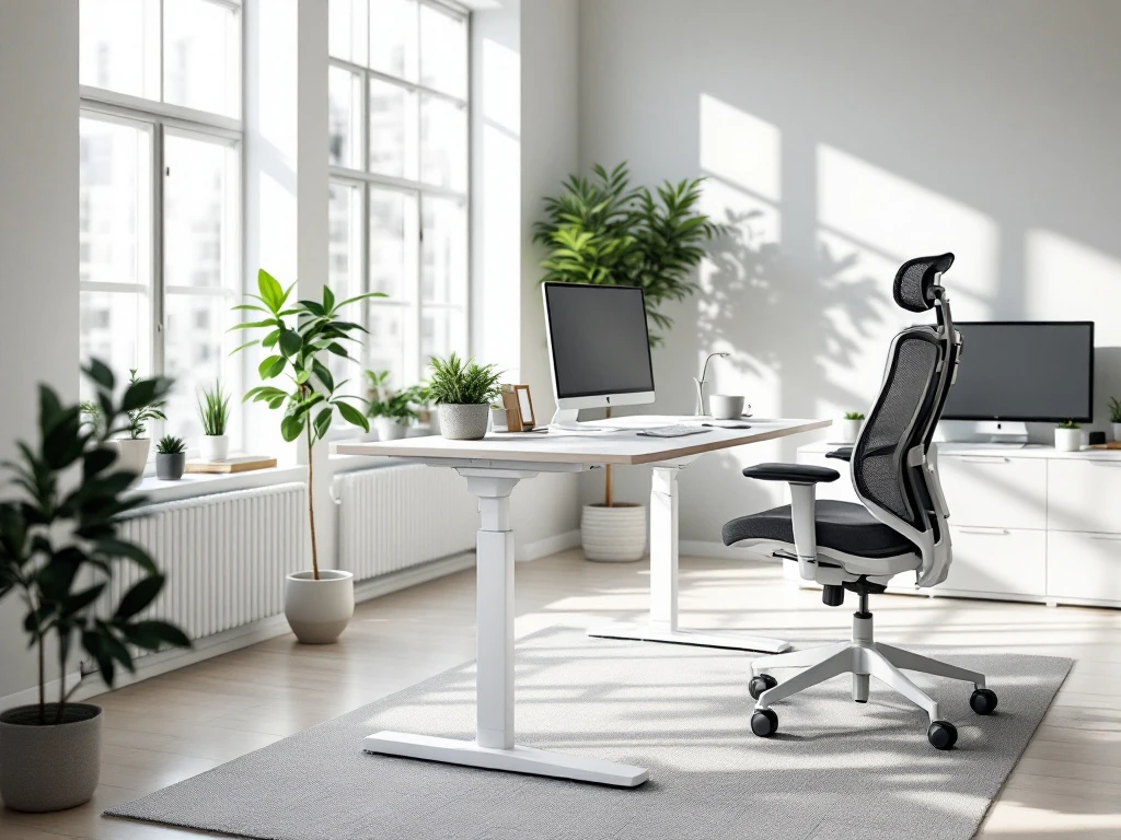 Moderne ergonomische werkplek met verstelbaar bureau, ondersteunende bureaustoel en optimaal geplaatste monitor in lichte ruimte
