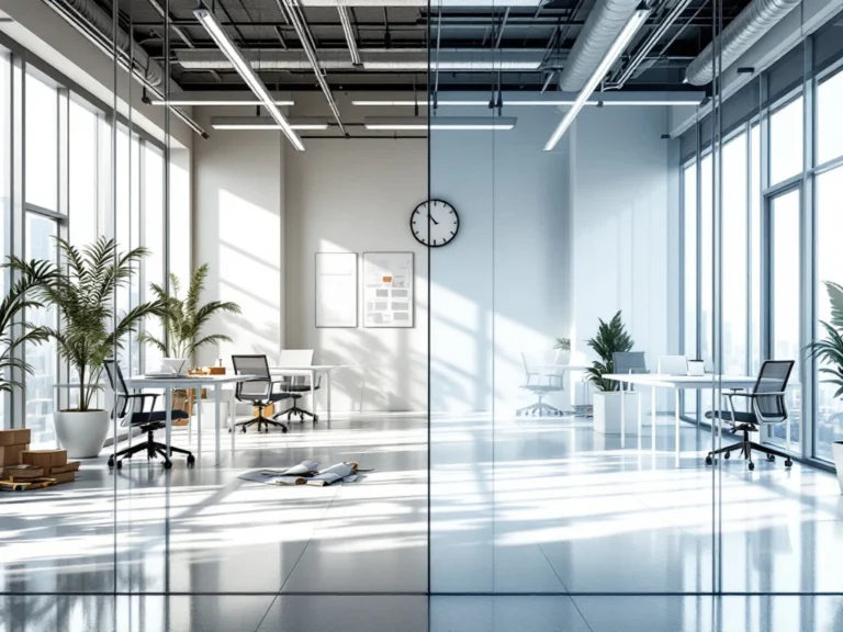 Moderne kantoorruimte in transformatie met strakke werkplekken, glazen wanden en bouwgereedschap tijdens renovatie