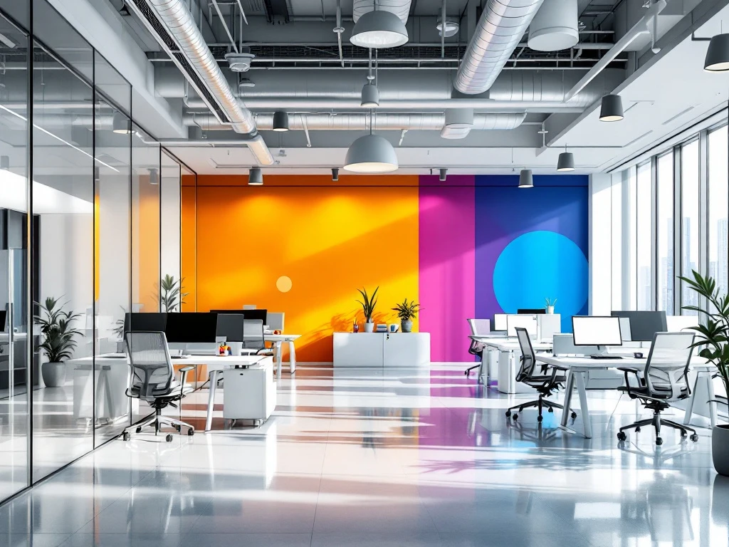 Modern kantoor met witte meubels, glazen wanden, kleurrijke merkaccenten en grote ramen met natuurlijk licht