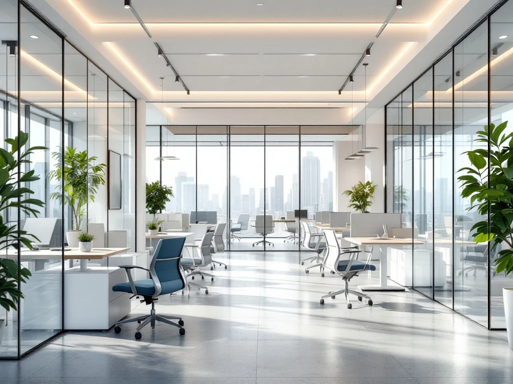 Modern kantoor met glazen vergaderruimten, witte meubels, ergonomische werkplekken en natuurlijk licht door ramen