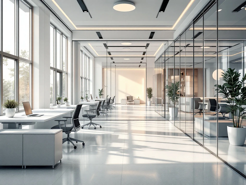 Moderne kantoorruimte met glazen scheidingswanden, minimalistische witte meubels en ergonomische werkplekken