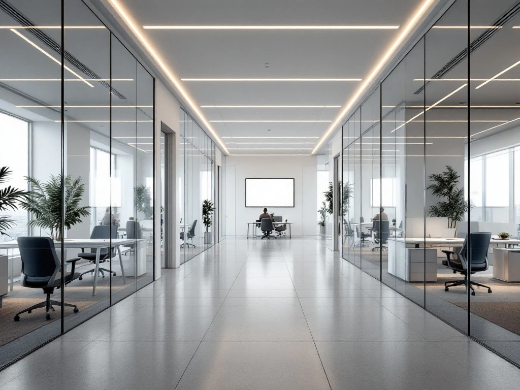 Moderne kantoorinterieur met glazen vergaderruimtes, minimalistische meubels en ergonomische werkplekken