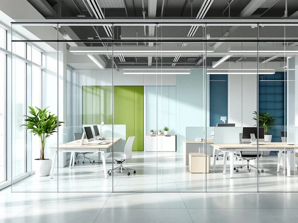 Moderne kantoorinterieur met glazen scheidingswanden, witte meubels en akoestische panelen in open werkruimte