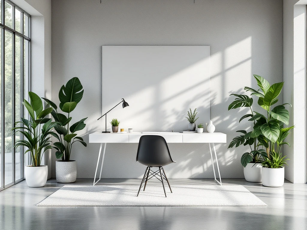 Moderne kantoorruimte met witte minimalistische bureau, groene planten en grote ramen met natuurlijk licht