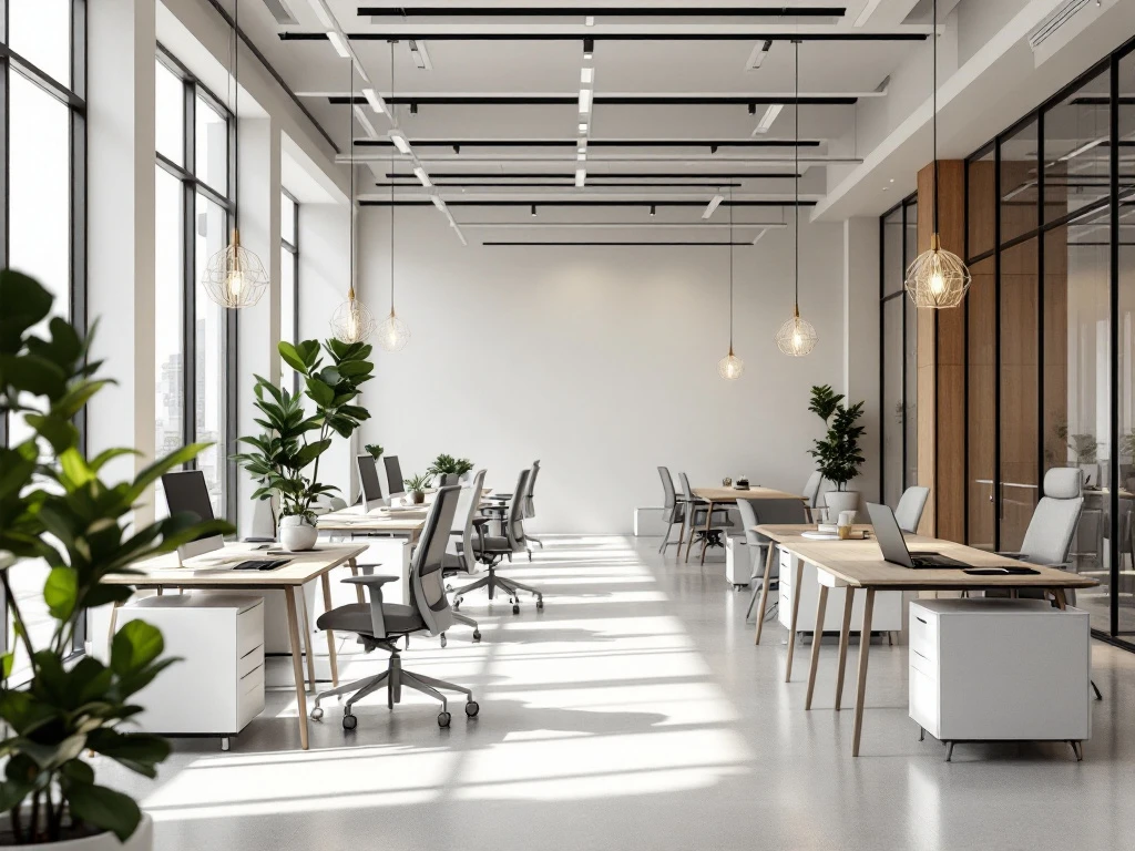 Modern kantoorinterieur met minimalistische Scandinavische meubels, glazen wanden en warme verlichting