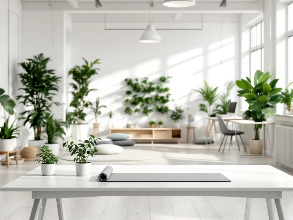 Moderne kantoorruimte met minimalistische witte bureau, planten, meditatiehoek en Scandinavisch design voor welzijn