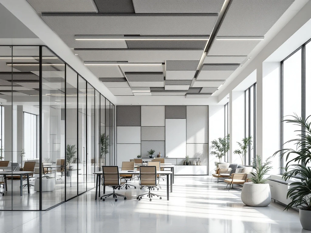 Modern kantoorinterieur met akoestische wandpanelen, glazen wanden en ergonomisch meubilair in minimalistische stijl