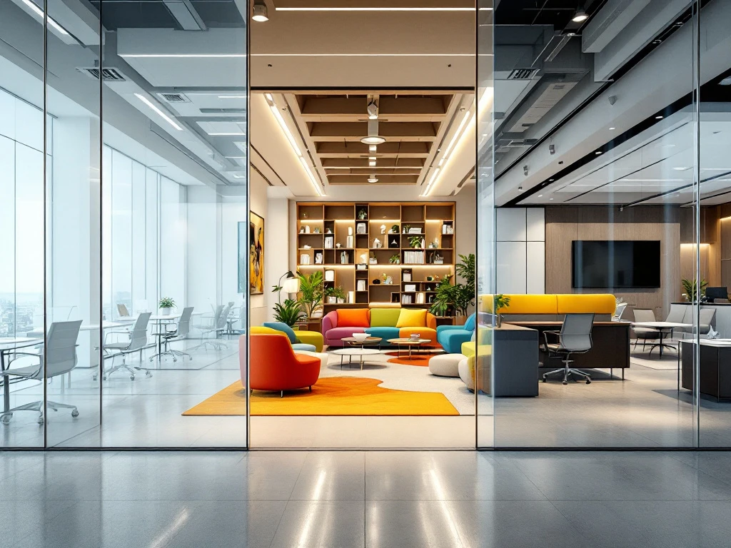 Drie moderne kantooromgevingen: minimalistische werkplek, kleurrijke samenwerkingsruimte en luxe directiekantoor