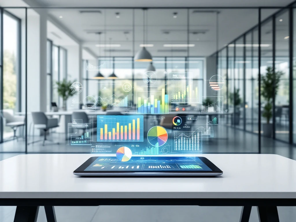 Moderne kantoor met glazen vergaderruimtes, tablet met analytics grafieken op wit bureau, open werkruimte met natuurlijk licht