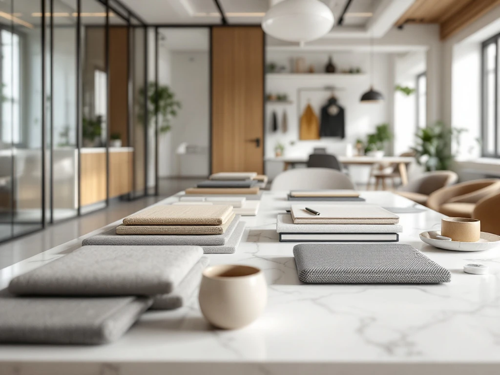 Moderne kantoorinterieur met glazen wanden, stalen bureaus, eiken hout en materiaalstalen op wit bureau