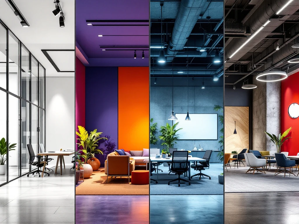 Moderne kantoorinterieur met vier stijlen: minimalistisch, industrieel, biofiel en collaboratieve werkruimtes