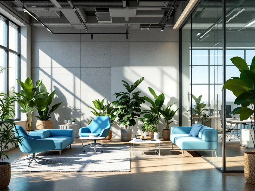 Modern kantoorinterieur met ergonomische stoelen, natuurlijk licht, planten en georganiseerde werkplekken voor productiviteit