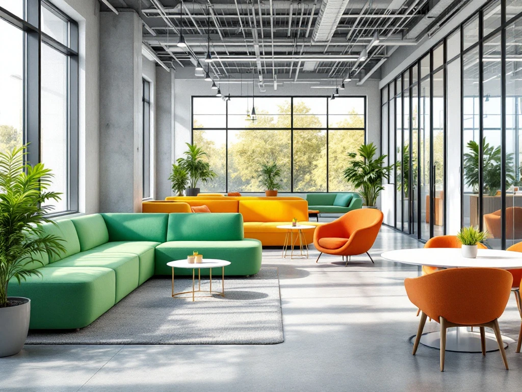 Moderne kantoorruimte met groene modulaire zitplaatsen, oranje stoelen en witte tafels bij grote ramen met natuurlijk licht