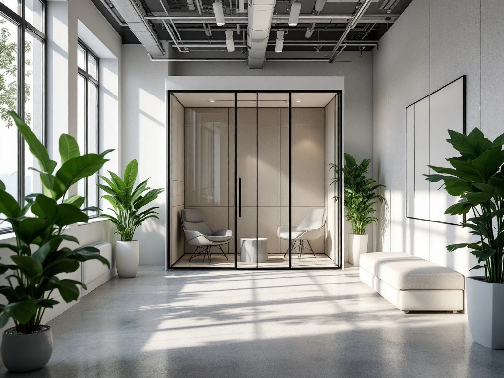 Moderne kantoorruimte met glazen stiltepod, ergonomische meubels, groene planten en natuurlijk licht door grote ramen.