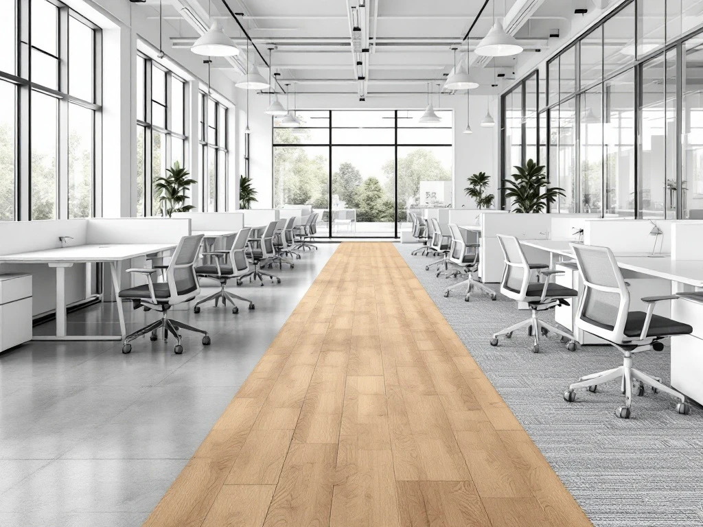 Moderne kantoorruimte met drie vloertypen: gepolijst beton, houtlaminaat en tapijttegels, witte bureaus, natuurlijk licht