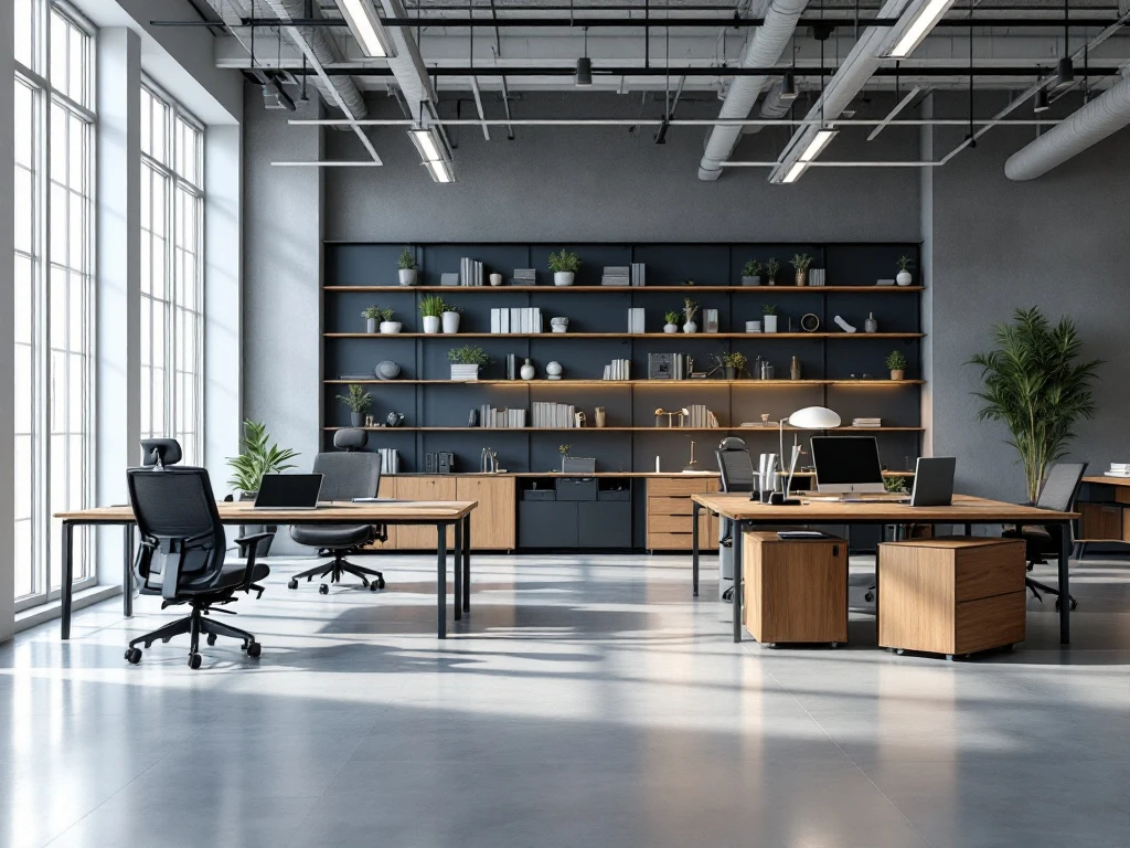 Moderne kantoorwerkplek met ergonomische meubels, eigentijdse bureaus en natuurlijk licht door grote ramen