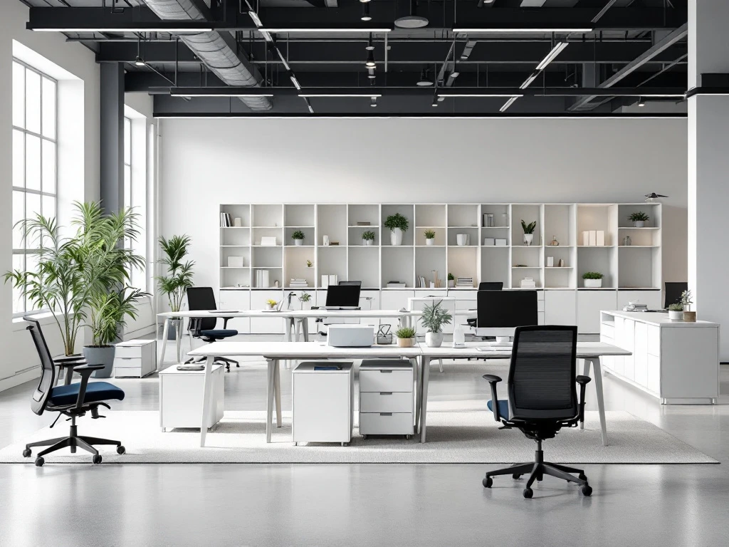 Moderne kantoorruimte met modulaire witte bureaus, zwarte ergonomische stoelen en flexibele werkstations in Scandinavisch design