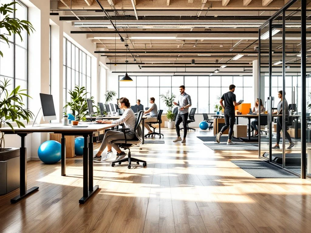 Modern kantoor met sta-bureaus, balanceballen, loopbandwerkstation en ergonomisch meubilair dat beweging stimuleert