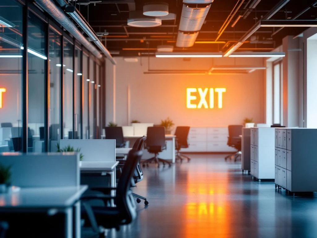 Modern kantoor met brandveilige ergonomische stoelen, sprinklersysteem en nooduitgang borden in blauw-grijze kleuren