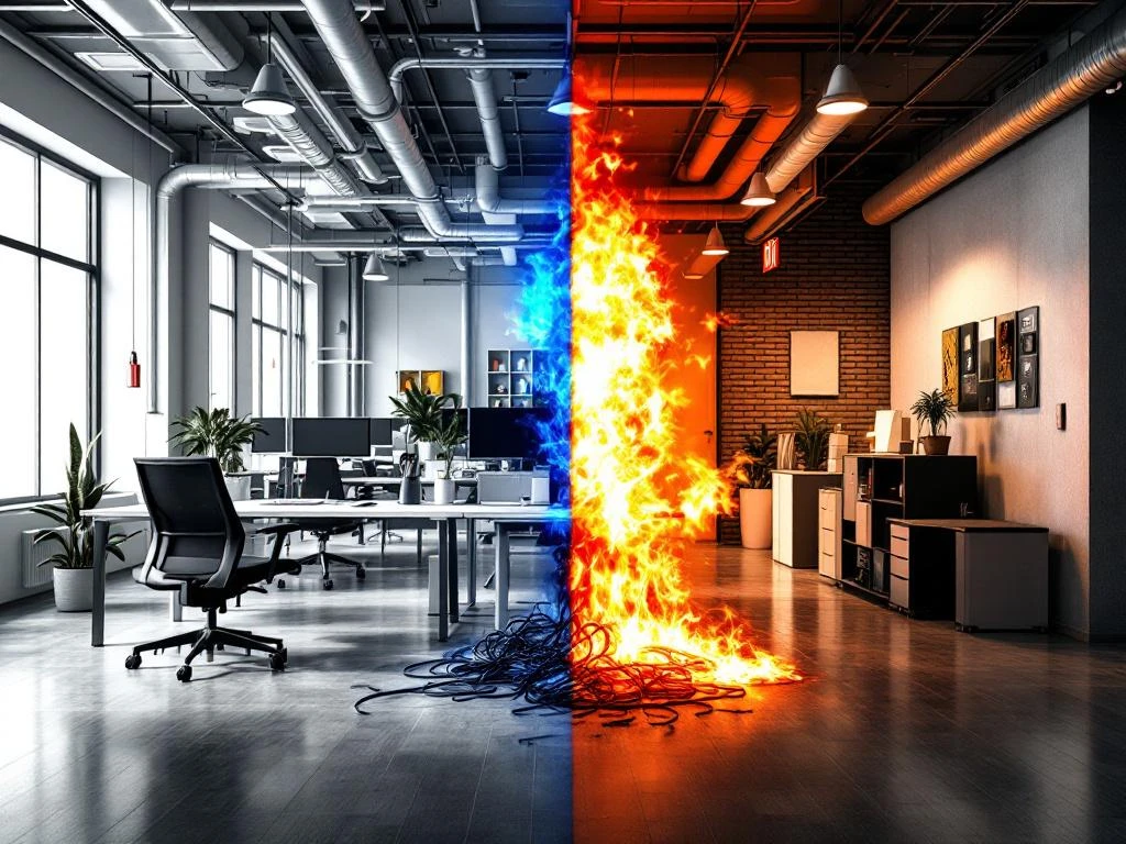 Modern kantoor gesplitst in brandveilige zone met sprinklers en veiligheidsuitgangen versus onveilige zone met kabels