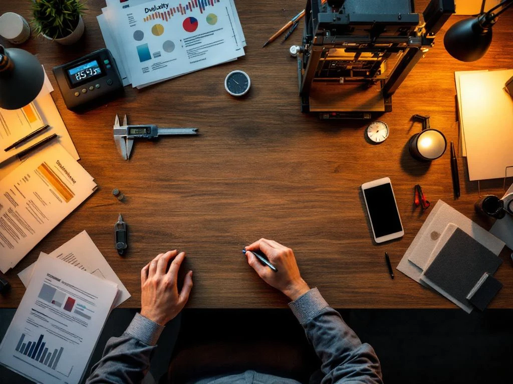 Professionele handen testen bureaukwaliteit met meetgereedschap en duurzaamheidsapparatuur op modern houten bureau