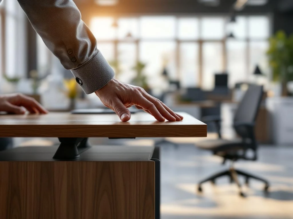 Hand test stabiliteit van modern kantoorbureau door op rand te drukken in eigentijdse werkruimte met natuurlijk licht