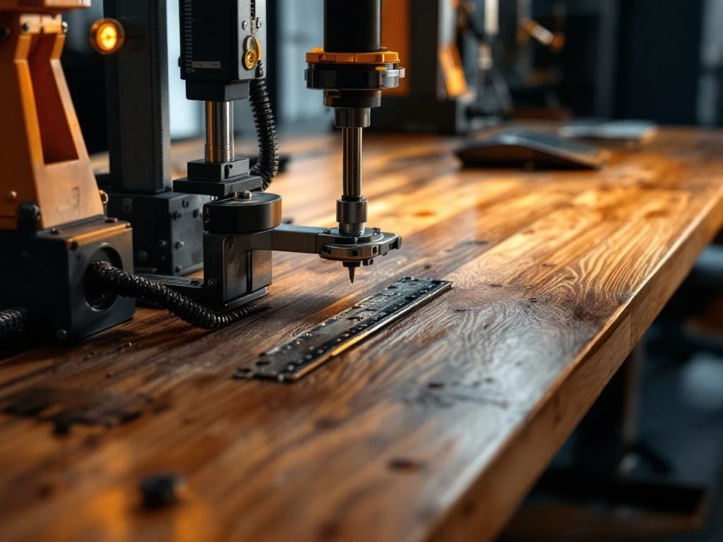 Moderne houten bureautafel met metalen ondersteuning tijdens sterkte-test met professionele meetapparatuur en gewichten