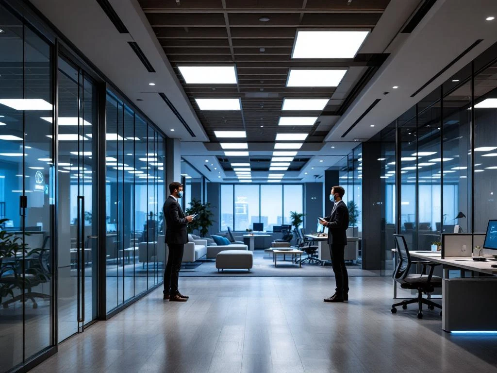 Moderne kantoorruimte met contactloze technologie, touchless toegangskaarten, draadloze oplaadstations en blauw accentlicht