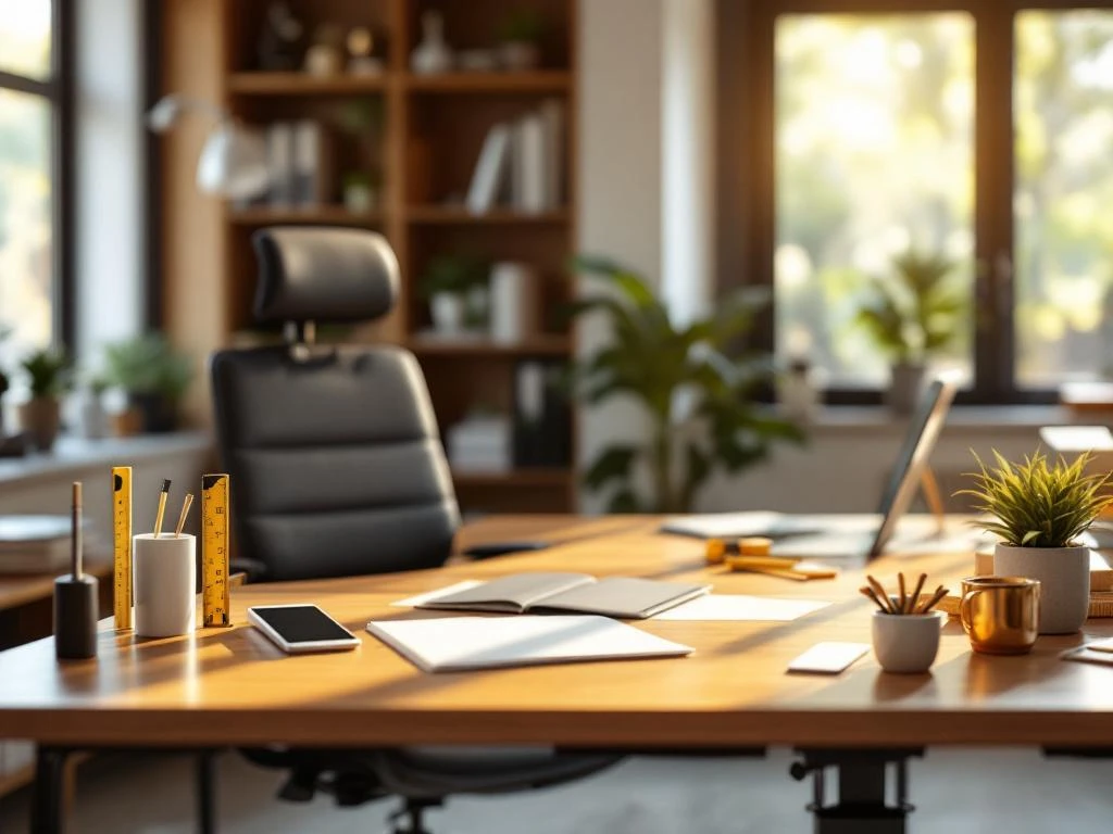 Ergonomisch houten bureau met verstelbare stoel op ideale werkhoogte in modern kantoor met natuurlijk licht