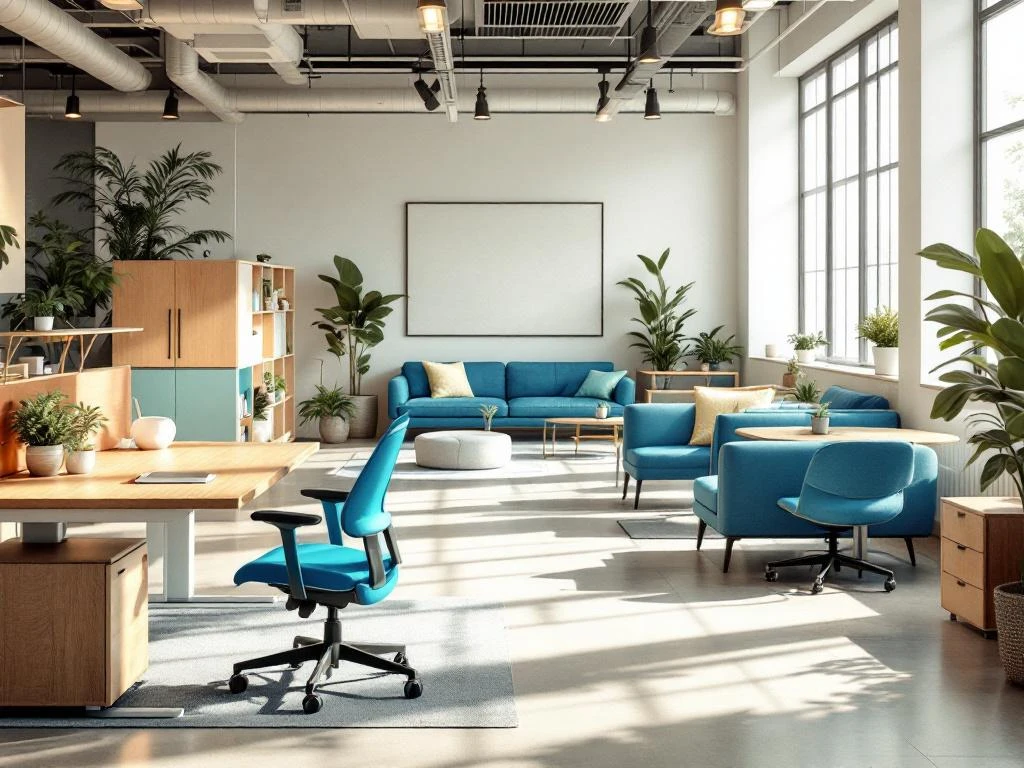 Moderne kantoorruimte met ergonomische bureaus, kleurrijke stoelen en natuurlijk licht voor productiviteit en welzijn