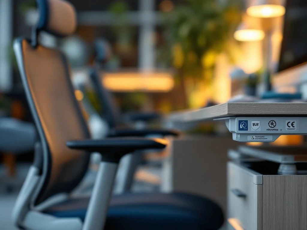 Ergonomische bureaustoel met rugsteun naast verstelbaar bureau met afgeronde hoeken en veiligheidscertificering