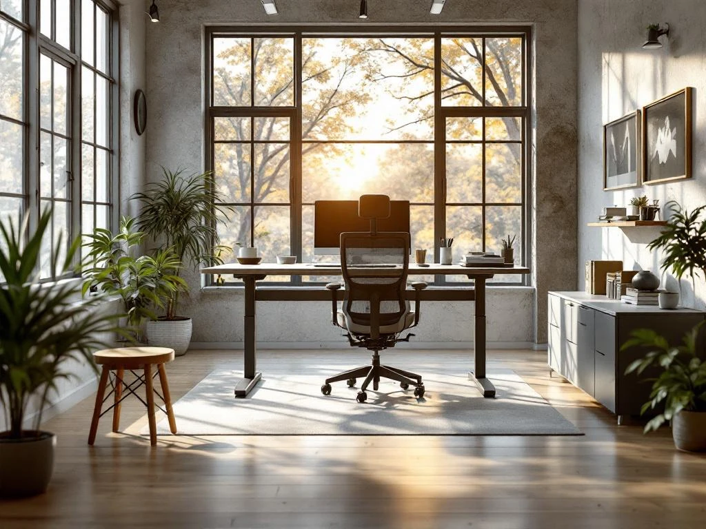 Moderne ergonomische kantoorwerkplek met in hoogte verstelbaar bureau, ergonomische stoel en natuurlijk licht