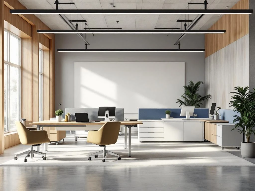 Moderne kantoorruimte met flexibele modulaire bureaus, ergonomische stoelen en in hoogte verstelbare werkplekken