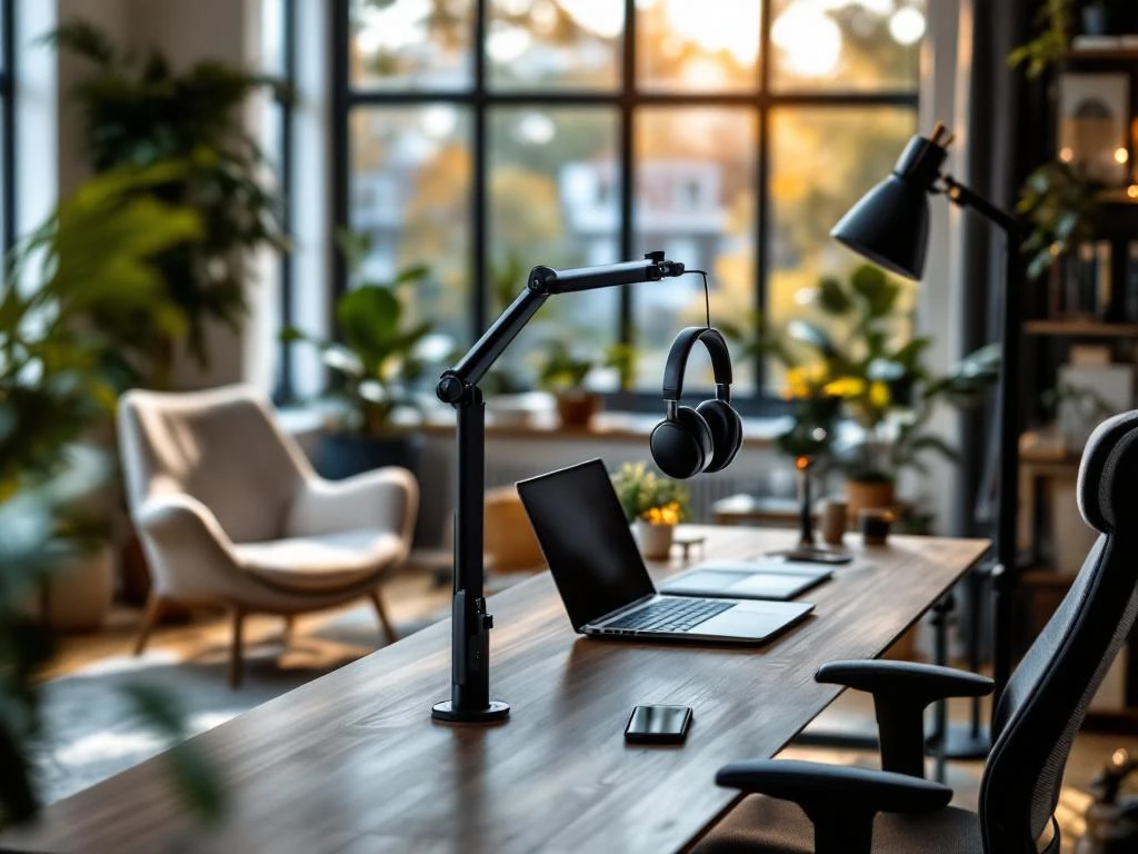 Moderne hybride werkplek met hoogte-verstelbaar bureau bij raam, laptop, koptelefoon en ergonomische stoel in kantoor