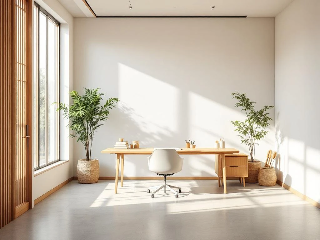 Moderne minimalistische kantoorruimte met houten bureau, ergonomische stoel en bamboe accenten in Japanse stijl