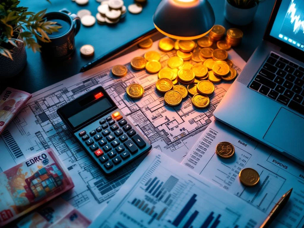 Bureaudesktop met calculator, eurobiljetten, architecturale blauwdrukken, laptop met budgetspreadsheets en gouden munten