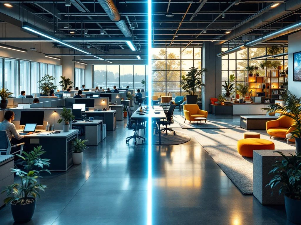 Kantooromgeving met contrast tussen grijze cubicles links en kleurrijke, open werkruimte rechts toont verschillende bedrijfsculturen