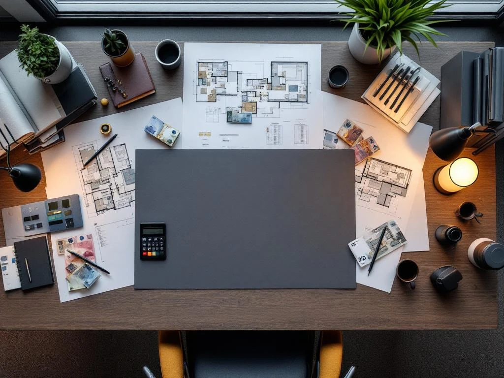 Moderne kantoorbureau met financiële documenten, rekenmachine, bouwplannen en luxe meubelstalen voor kantoorinrichting