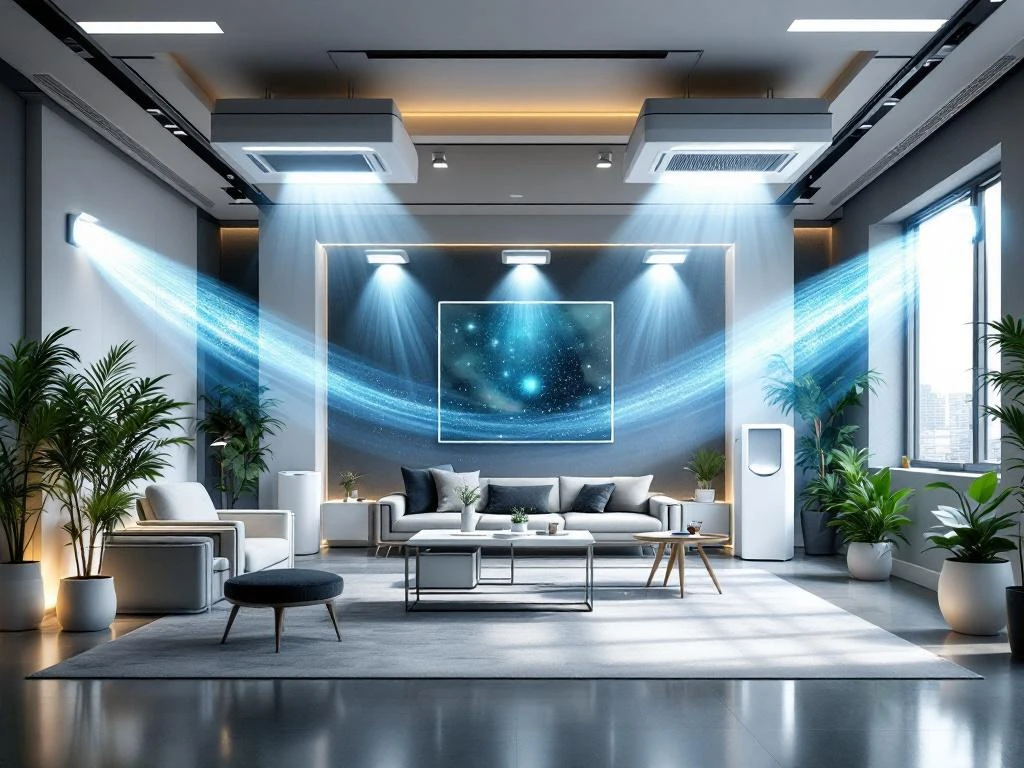 Moderne kantoorruimte met geïntegreerde luchtreinigers aan plafond, vloer en muur tussen eigentijds meubilair