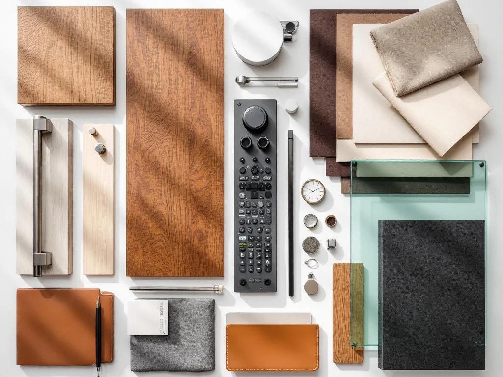 Plat gelegd arrangement van premium kantoormeubelmateriaal: houtmonsters, metalen onderdelen, stoffen en leer op wit oppervlak