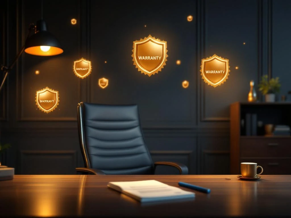 Moderne kantoormeubels met ergonomische stoel, bureau en archiefkast met gouden garantieschilden in professionele setting