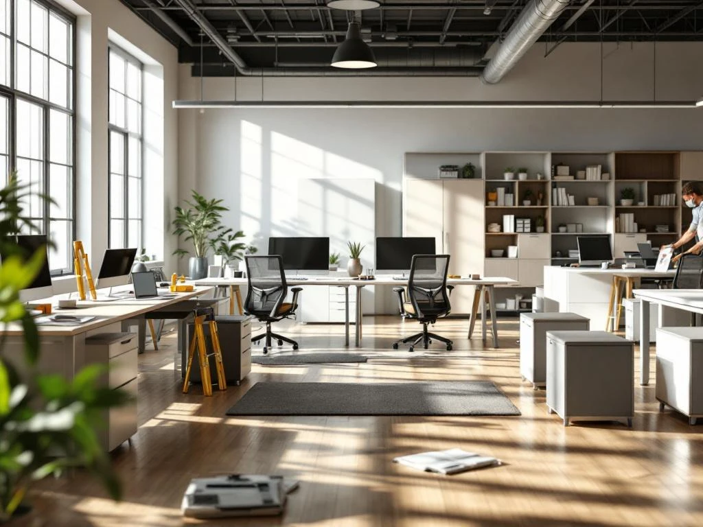 Moderne kantoormeubels worden geïnstalleerd in heldere werkruimte met ergonomische stoelen, bureaus en meetgereedschap