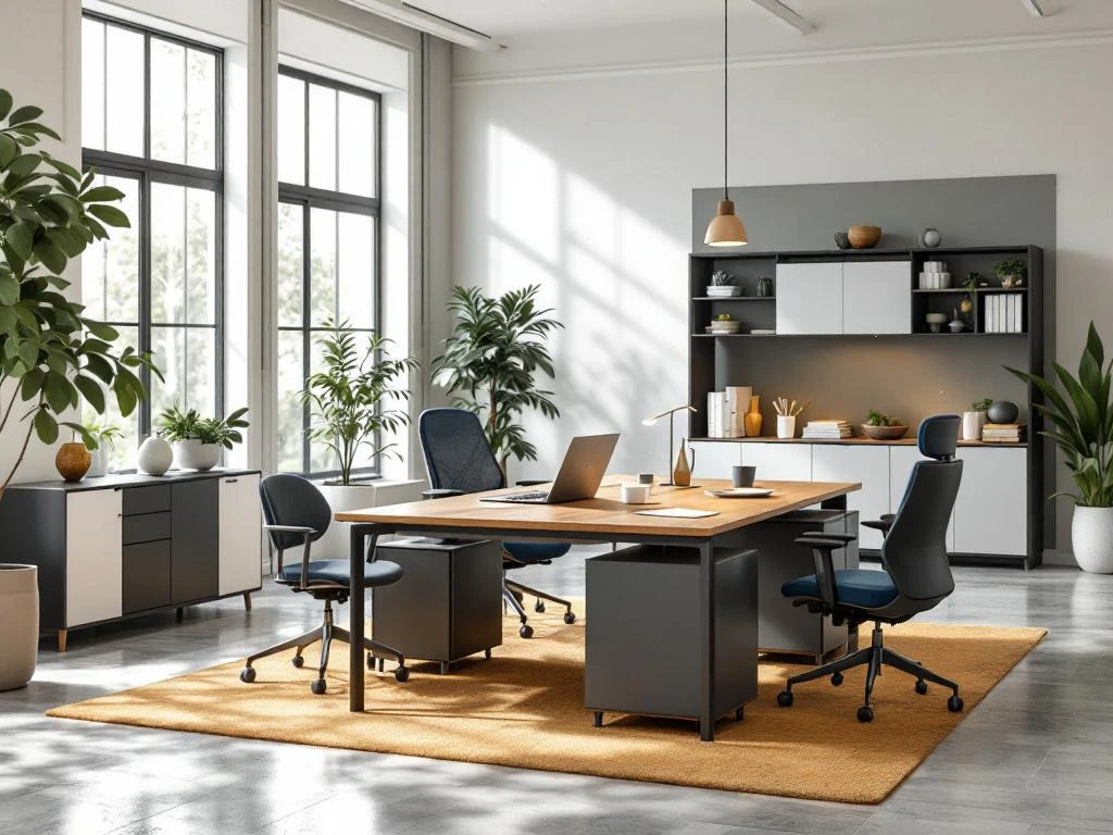 Modern kantoor met eikenhouten bureaus, grijze ergonomische stoelen, witte opbergkasten en natuurlijk licht door ramen