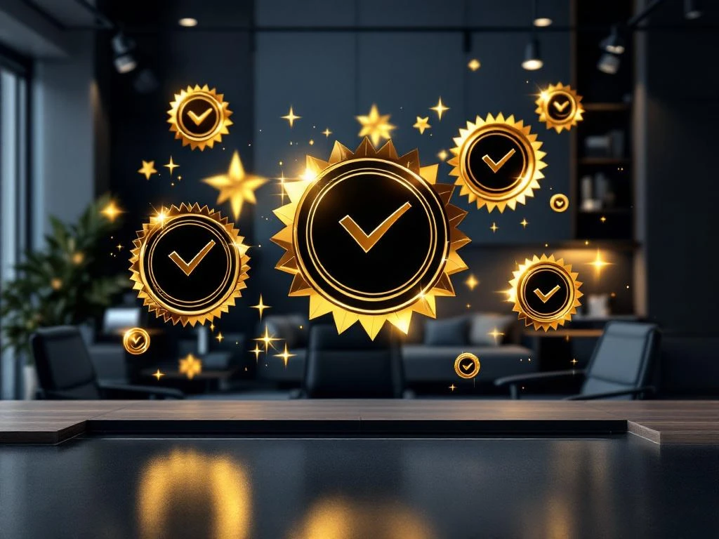 Luxe kantoormeubels met kwaliteitscertificaten, ergonomische stoelen en bureaus in professionele studio-opstelling