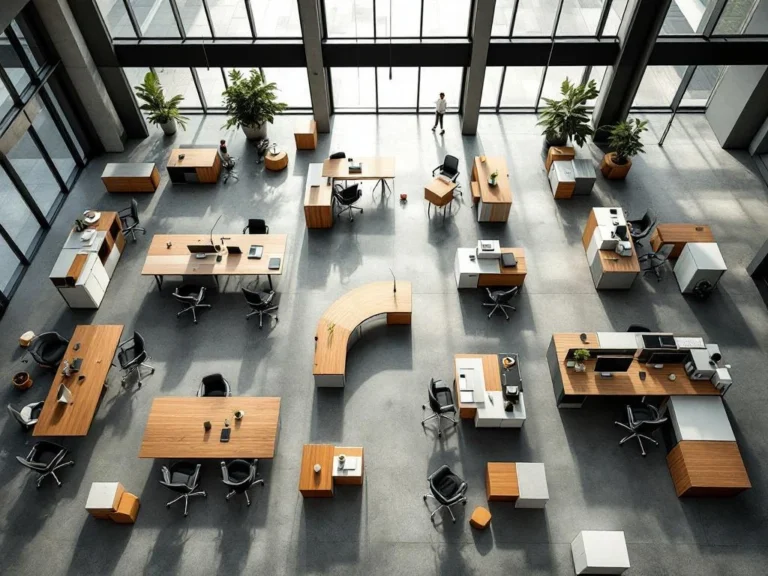 Luchtfoto van moderne kantoorruimte tijdens meubelinrichting met ergonomische stoelen, bureaus en opslag op betonvloer