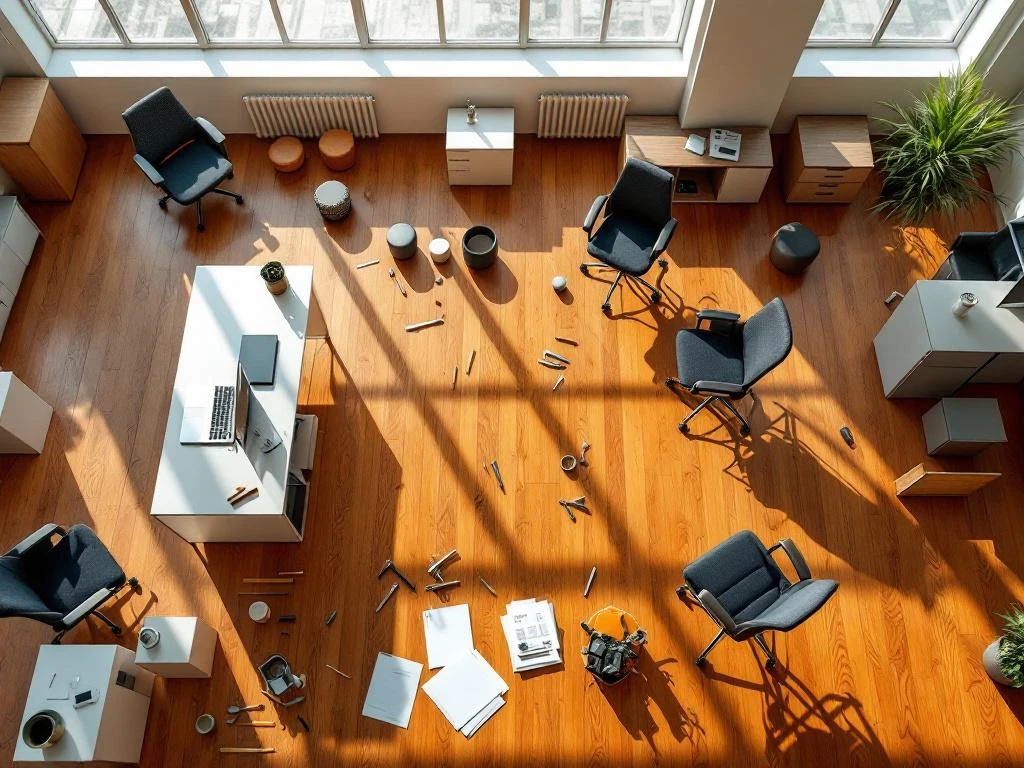 Moderne kantoormeubels in aanbouw met bureauonderdelen, ergonomische stoelen en gereedschap op houten vloer bij raam