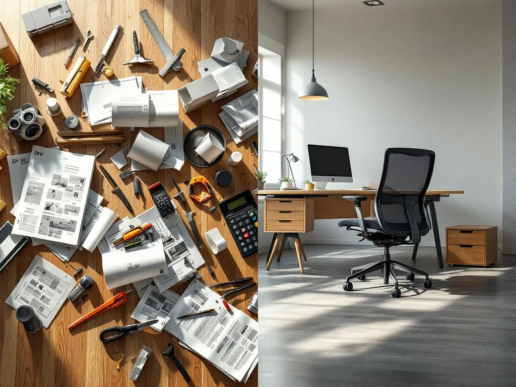 Gesplitst scherm toont DIY kantoormeubel onderdelen links versus volledig gemonteerd bureau met stoel rechts