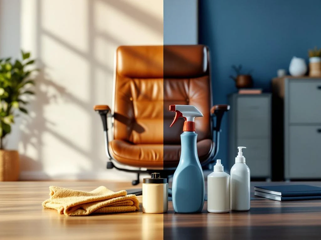 Kantormeubelonderhoud: vergelijking van nieuwe en onderhouden bureaustoelen, bureaus en kasten met schoonmaakbenodigdheden